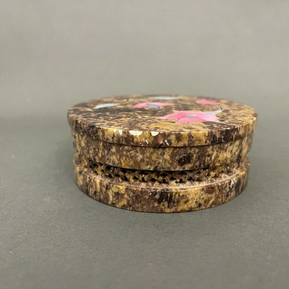 Round Marble Stone‎ Floral Flowers Trinket Jewelry Box